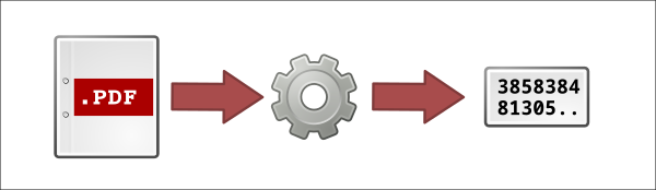 A diagram showing an icon of a pdf document on the left, and arrow representing the hashing process,
and the result as a number on the right