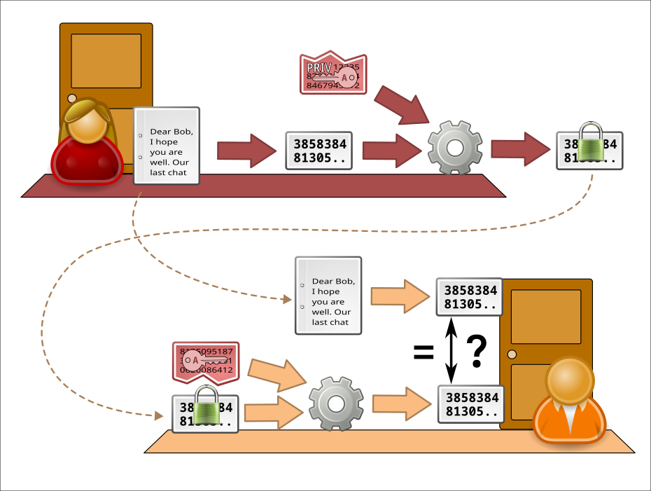 The signature process: Alice computes a message's hash, then encrypts it with her private key, sends both the message (in clear text) and the encrypted hash to Bob. Bob recomputes the hash from the message, decrypts the hash he received using Alice's public key, and compares them